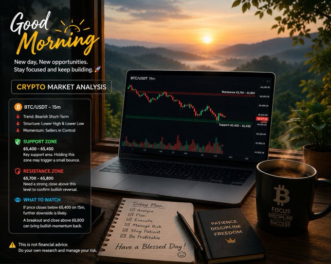 A 'Good Morning' graphic featuring BTC/USDT 15m crypto market analysis with support/resistance zones and a to-do list on a notepad.