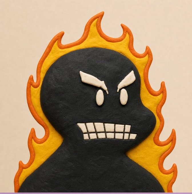 A clay sculpture of a black skull-like character surrounded by orange and yellow flames with angry white eyes and gritted teeth.