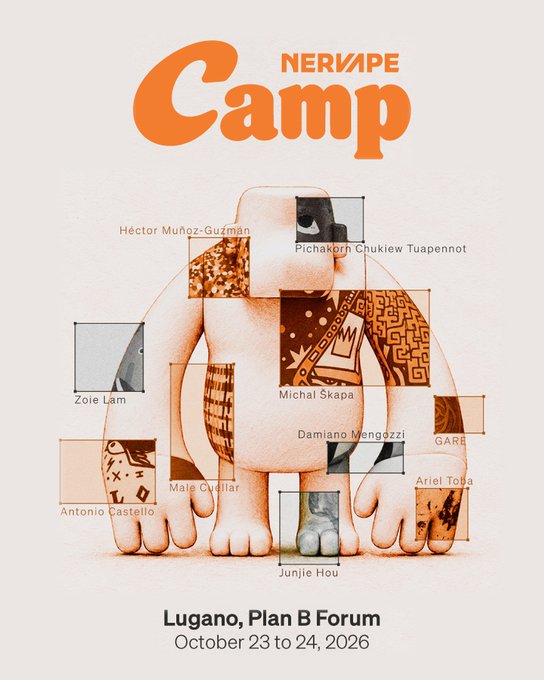 Promotional poster for "Nervape Camp" displaying a sculptural ape figure segmented into nine boxed panels, each featuring work by a different artist (Héctor Muñoz-Guzmán, Pichakorn Chukiew Tuapennot, Zoie Lam, Michal Škapa, Antonio Castello, Male Cuéllar, Damiano Mengozzi, GARE, Ariel Toba, and Junjie Hou). The poster indicates the exhibition will be held at Lugano's Plan B Forum on October 23–24, 2026, aligning with the post about a Bitcoin-themed art event launching at Villa Ciani during Plan ₿ Week.