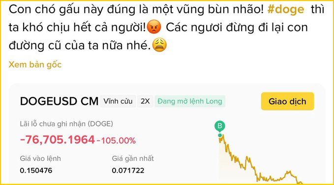 A Vietnamese-language cryptocurrency post complaining about DOGE losses, showing a DOGEUSD CM perpetual contract with an unrealized loss of -76,705.1964 DOGE (-105.00%).