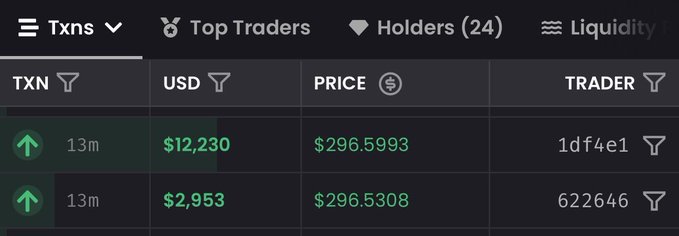 A screenshot of a "Top Traders" tab showing two buy transactions (13 minutes apart) totaling over $15,000 USD at prices around $296.53-296.60, illustrating the recent high-value purchases of the $LAPTOP token mentioned in the post. The image highlights the irony of traders buying a meme token at inflated prices, supporting the post's critique of speculative trading behavior.