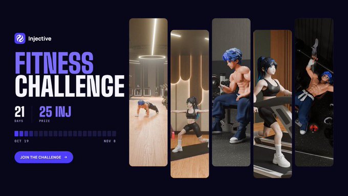 A promotional banner for an 'Injective FITNESS CHALLENGE' offering a 25 INJ prize over 21 days, showing five characters in various workout poses.