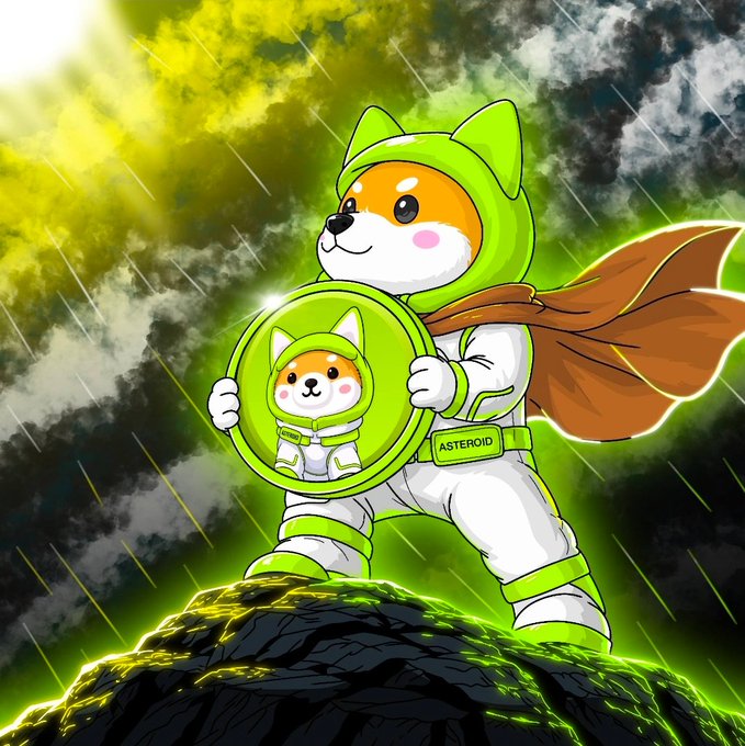 A cartoon Shiba Inu in a green and white astronaut suit with an orange cape stands heroically on a rocky asteroid, holding a shield bearing its own likeness. The suit's belt reads "ASTEROID," reinforcing the project's $ASTEROID token branding as it prepares to defend its mission amid cosmic turbulence.