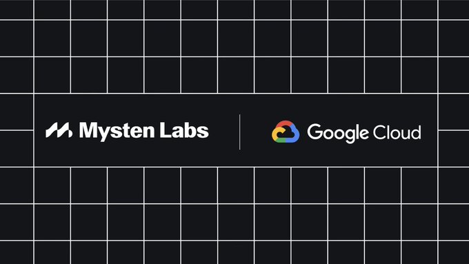 A black graphic with a grid background displaying the 'Mysten Labs' logo alongside the 'Google Cloud' logo, indicating a partnership.
