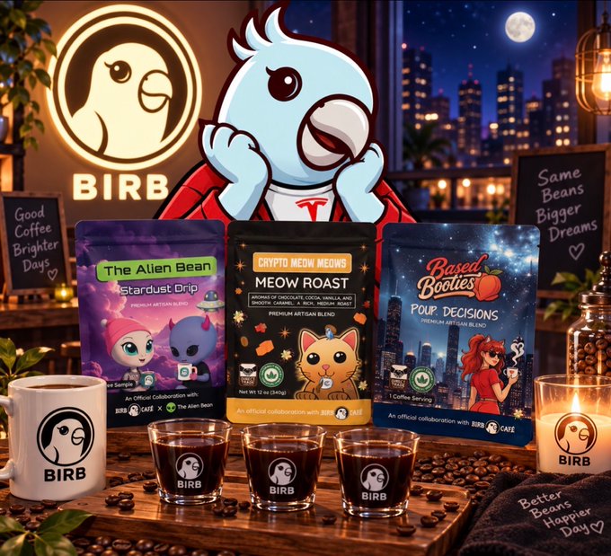A BIRB Coffee promotional display shows three coffee bag varieties ('The Alien Bean Stardust Drip', 'Crypto Meow Meows Meow Roast', 'Based Booties Pour Decisions') alongside branded mugs and espresso shots.