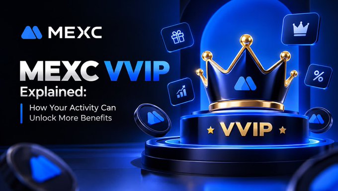 A promotional graphic for MEXC's VVIP program featuring a golden crown on a blue pedestal alongside the text "MEXC VVIP Explained: How Your Activity Can Unlock More Benefits," visually reinforcing the post's message that MEXC's VVIP offers premium perks based on activity (M-Score) rather than large asset holdings or trading volume.