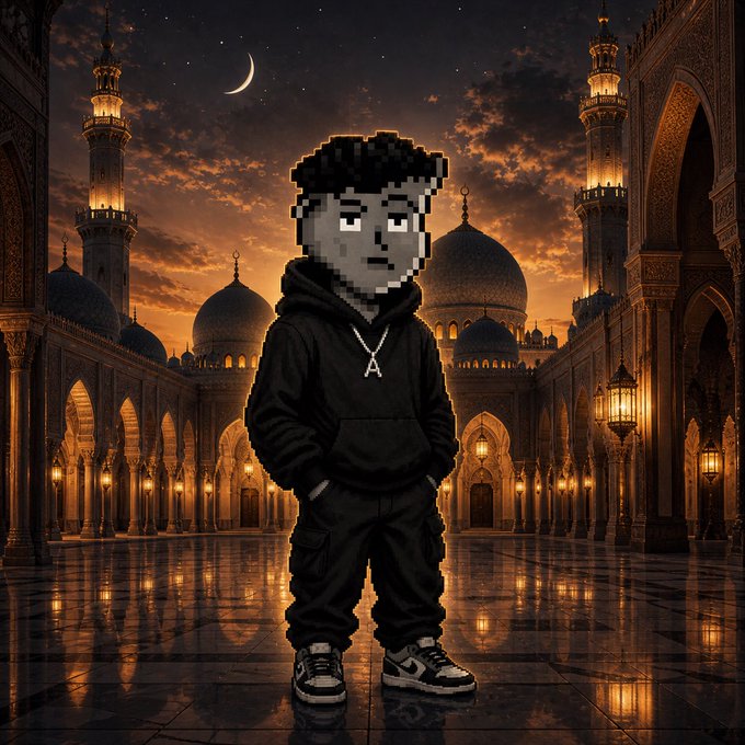 A pixelated 3D character wearing a black tracksuit, silver chain, and sneakers stands in an ornate Middle Eastern-style courtyard at night with illuminated domes and minarets under a crescent moon.