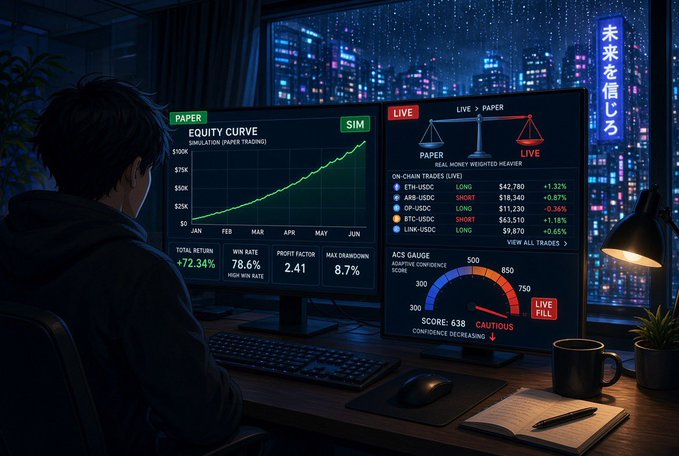 An anime-style illustration shows a person viewing a trading dashboard titled 'EQUITY CURVE' with an upward-trending green line, statistics like '+72.34%' return, and 'ON-CHAIN TRADES LIVE' featuring 'ETH-USDC' LONG and 'BTC-USDC' SHORT positions.