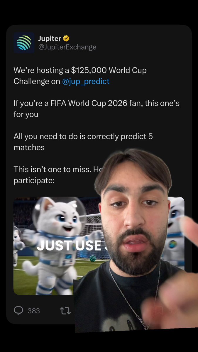 The image shows a man holding up his phone to display an amusing selfie with football-related graphics next to a Twitter account that promotes a World Cup guessing game. The post seems to be promoting a social media challenge or event related to the FIFA World Cup. It also mentions that participants will miss one out if they don't guess the correct answer.