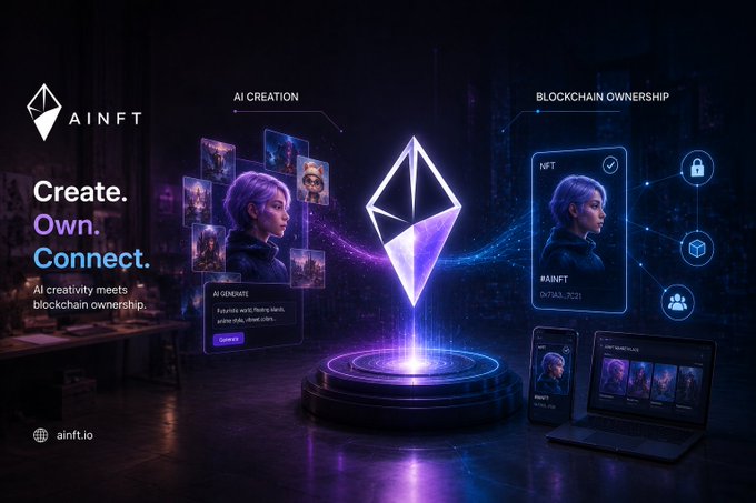 A futuristic purple-and-black promotional graphic for "AINFT" ("Create. Own. Connect.") depicting AI creation and blockchain ownership, with a central Ethereum-like diamond logo, a 3D avatar character, and a mock NFT card display labeled "#AINFT," directing viewers to "ainft.io."