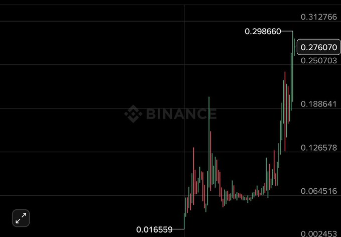 A Binance candlestick chart displays a dramatic price surge for the $BTW token, climbing from a low of $0.016559 to a peak of $0.312766, with notable price levels marked at $0.298660, $0.276070, $0.250703, and $0.188641—visually supporting the claim that "$BTW is unstoppable."