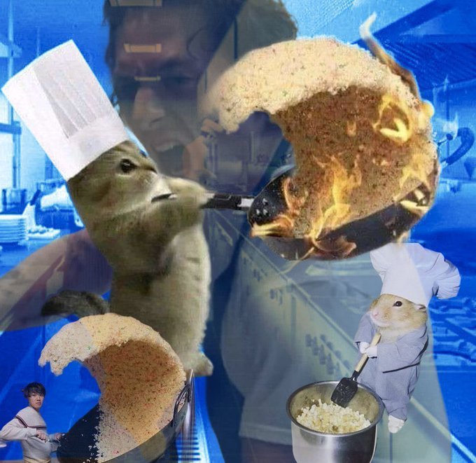 A chaotic kitchen scene features guinea pigs and small chefs in tall white hats frantically flipping burning crêpes and stirring a pot of rice, all overlaid with a blue-tinted background of a working chef. The absurdity of the chaotic, on-fire cooking mishap visually mirrors the frenzied, turbulent activity implied by "@base ecosystem rn."