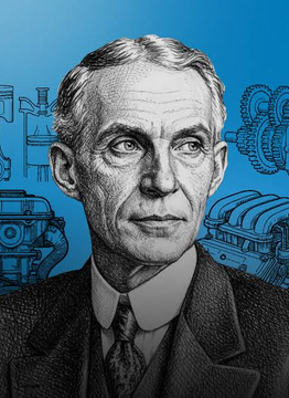 A portrait illustration of Henry Ford is set against a blue industrial background featuring machinery, gears, and an assembly line—visually representing the automotive empire he built. The image reinforces the post's message by pairing Ford's image with his famous quote about monetary systems, drawing a parallel between his revolutionary impact on industry and Bitcoin's disruptive challenge to traditional finance.
