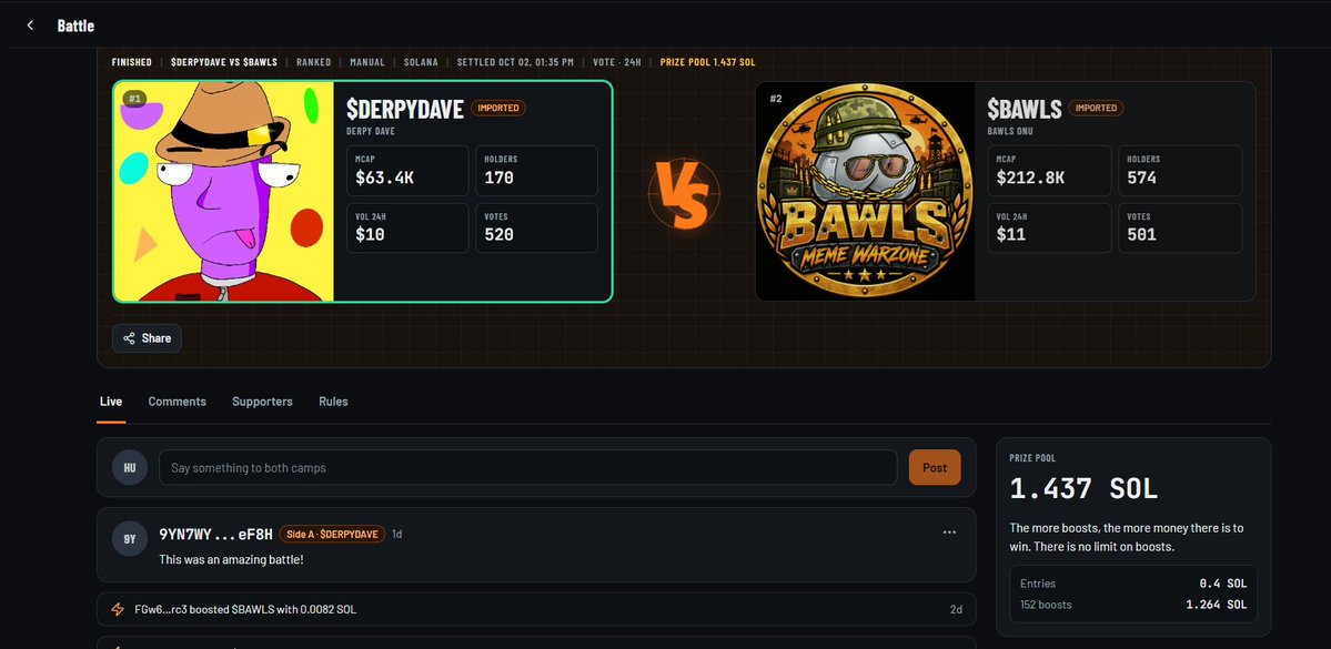 A screenshot of a completed meme battle on a website, showing $DERPYDAVE with 520 votes versus $BAWLS with 501 votes, with a prize pool of 1.437 SOL.