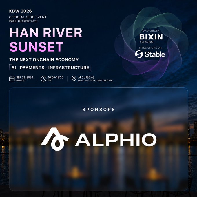 An event flyer for KBW 2026's "Han River Sunset" side event at Apgujeong on September 29, 2026 (16:00-19:20) featuring organizers Bixin Ventures and title sponsor Stable, with Alphio listed as a sponsor.