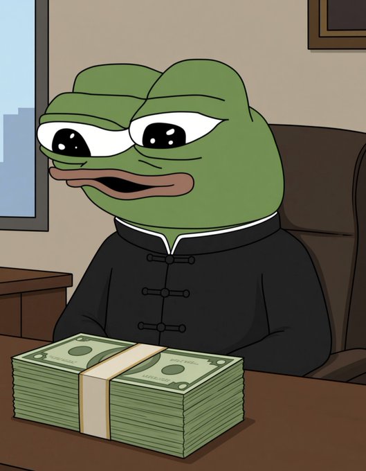 An illustration of the Pepe the Frog meme character wearing a dark traditional Chinese tangzhuang jacket, sitting at a desk with a large banded stack of cash in front of him.