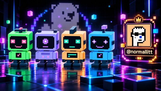 Four colorful blocky robot characters (green, purple, orange, and blue) stand on a neon-lit reflective floor with pixel art in the background, while a profile icon displays "@normallitt" — visually representing the CONSO BOTS free mint giveaway mentioned in the post.