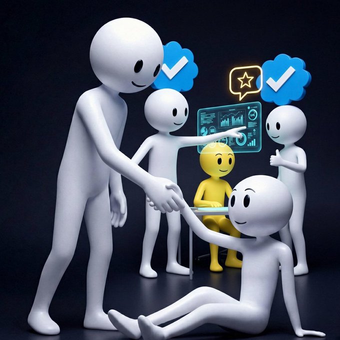 A 3D rendered illustration of white cartoon figures interacting with a smaller yellow figure working on a laptop, with checkmarks and a star speech bubble displayed, set against a dark background.