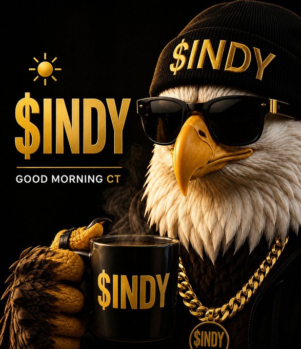A meme of an eagle wearing a beanie, sunglasses, and a gold chain holding a coffee mug, with text '$INDY GOOD MORNING CT' and a sun icon.