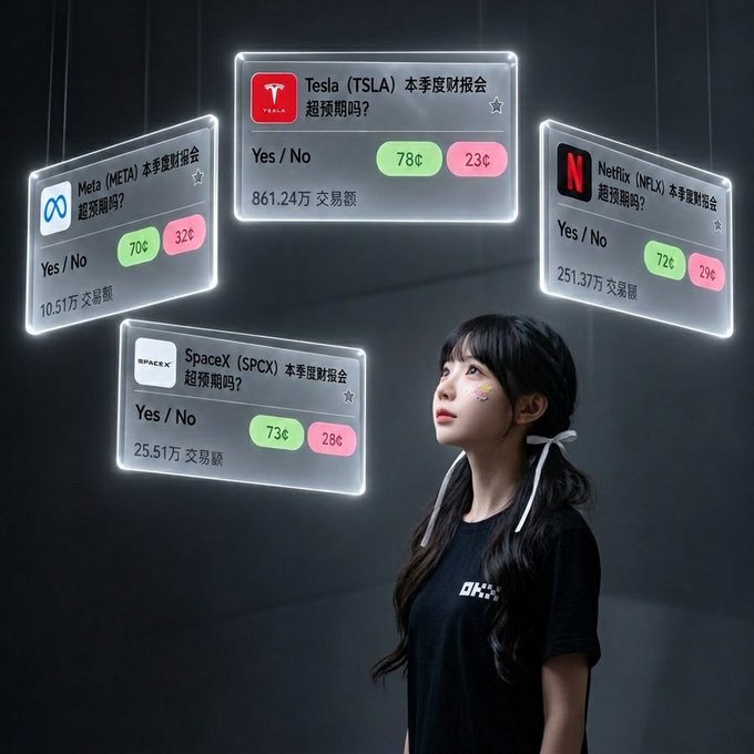 A young woman looking up at floating prediction market panels showing earnings forecast odds for Meta (META), Tesla (TSLA), Netflix (NFLX), and SpaceX (SPCX) with percentages and transaction volumes in Chinese.