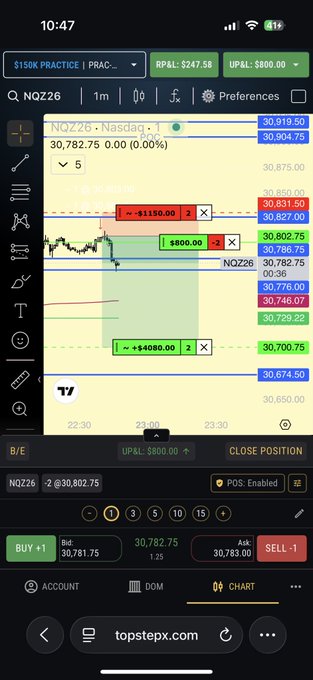 A trading platform screenshot for NQZ26 (Nasdaq futures) at $30,782.75, showing various price levels like $30,919.50, $30,831.50, and positions on topstepx.com.