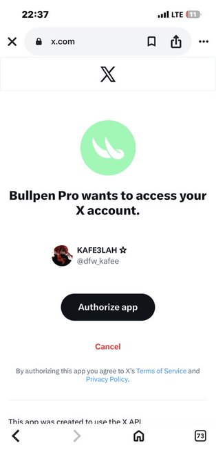 A mobile screenshot showing an X (Twitter) OAuth authorization page where 'Bullpen Pro' is requesting access to the user's account (KAFE3LAH / @dfw_kafee), with 'Authorize app' and 'Cancel' buttons visible.