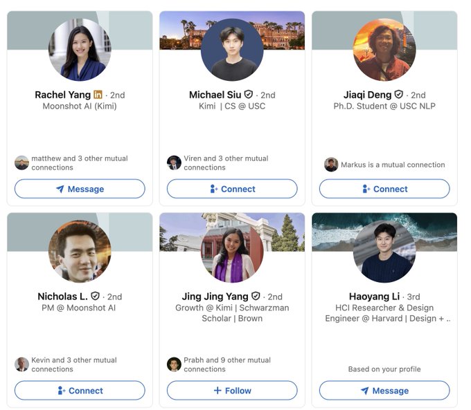 The image displays a LinkedIn-style grid of six professionals connected to "Moonshot AI (Kimi)," including Rachel Yang (PM at Moonshot AI), Michael Siu, Jiaqi Deng (USC NLP PhD), Nicholas L. (PM at Moonshot AI), Jing Jing Yang, and Haoyang Li, highlighting the team's strong academic and industry ties.

This visually supports the post's claim that "moonshot kimi is the binance of AI" by showcasing the company's talent pipeline drawing heavily from top institutions like USC, Brown, and Harvard—suggesting an AI firm rapidly assembling elite, credentialed founders reminiscent of crypto's fast-rising exchanges.