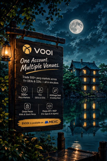 A nighttime advertisement for VOOI set on a wooden sign by a lake under a full moon, reading 'One Account, Multiple Venues. Trade 500+ perp markets across 11+ DEXs & CEXs—all in one place,' with $VOOI available on MEXC.