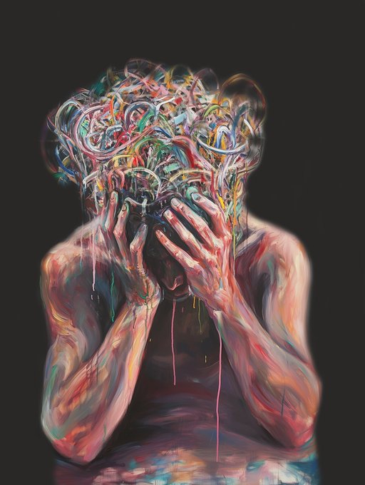 A digital artwork featuring a figure with hands covering their face, where colorful, swirling paint-like tendrils emerge from where the head should be.