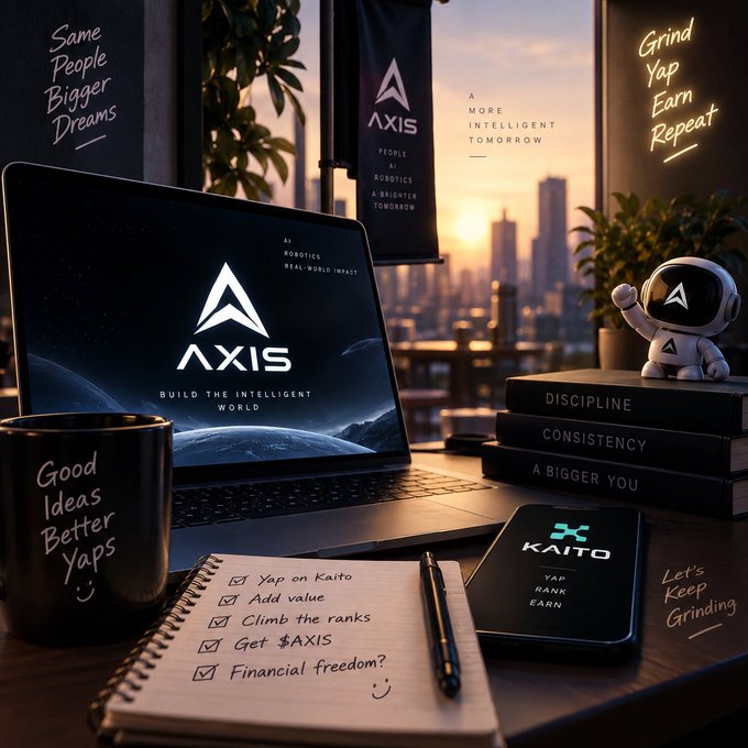 A promotional desk setup featuring a laptop displaying the "AXIS" logo with the tagline "BUILD THE INTELLIGENT WORLD". Surrounding items include a notebook with a checklist ("Yap on Kaito", "Add value", "Climb the ranks", "Get $AXIS", "Financial freedom?"), a "KAITO YAP RANK EARN" phone, and motivational phrases like "Same People Bigger Dreams", "Grind Yap Earn Repeat", and "DISCIPLINE CONSISTENCY A BIGGER YOU".