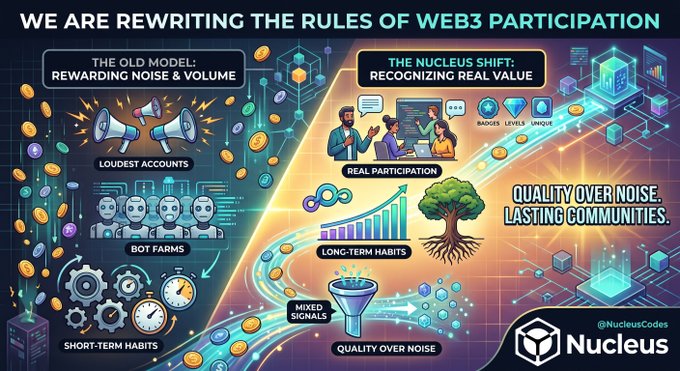 A marketing infographic by Nucleus (@NucleusCodes) titled 'WE ARE REWRITING THE RULES OF WEB3 PARTICIPATION,' contrasting the old model (rewarding noise/volume) with the new Nucleus shift (recognizing real value).