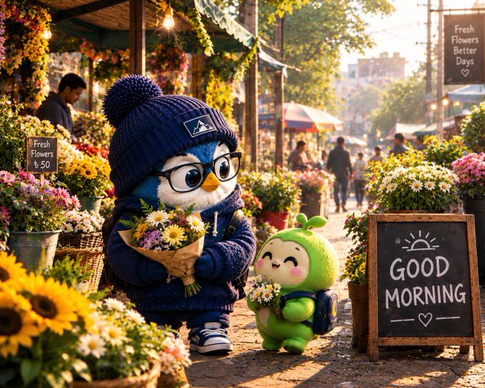 A colorful, digitally illustrated market scene featuring a blue penguin character in a knit hat and glasses holding a flower bouquet next to a small green plant-like character, surrounded by flower stalls and chalkboard signs reading 'Fresh Flowers' and 'GOOD MORNING'.