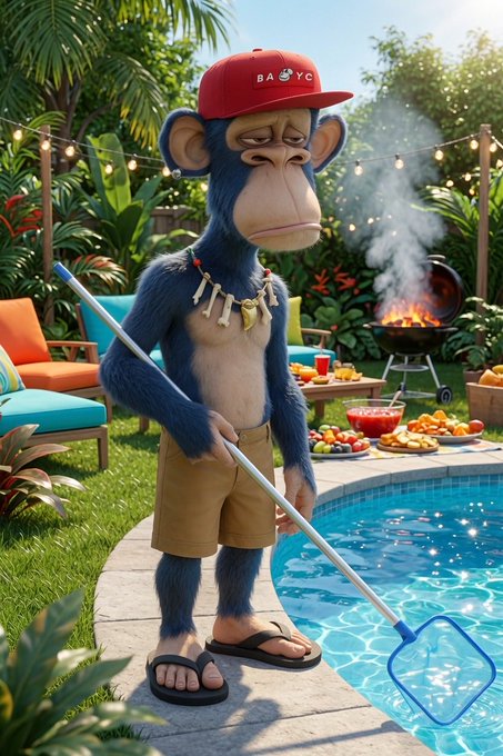 A weary-looking blue ape in a red "BAYC" hat, bone necklace, khaki shorts, and flip-flops stands poolside with a long skimmer net, ready to prep for the party. Behind him, a smoking grill and a spread of snacks and drinks set the scene for a summer backyard gathering despite the heat.
