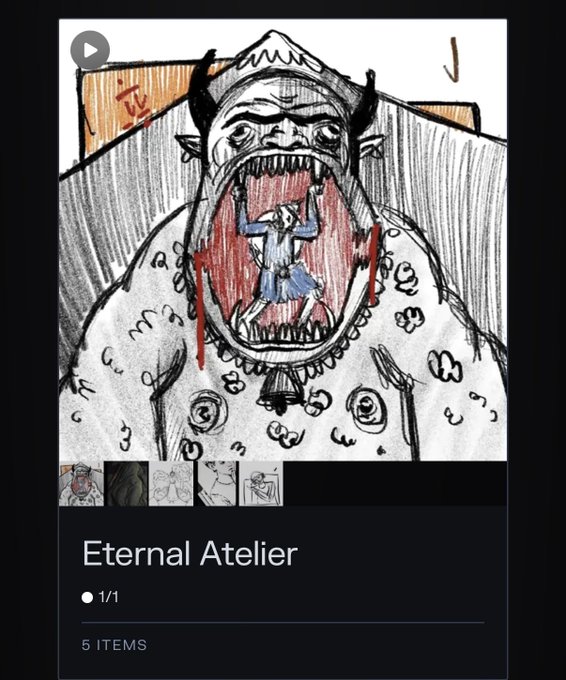 A digital art display titled 'Eternal Atelier' shows a dark, hand-drawn sketch of a monstrous figure with horns and a wide-open mouth, with a smaller person standing inside it.