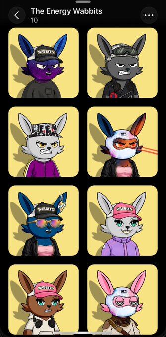 A mobile app screen displaying 'The Energy Wabbitts' collection with 10 NFT cartoon wabbit characters wearing various accessories like visors, hats, and sunglasses on yellow background tiles.