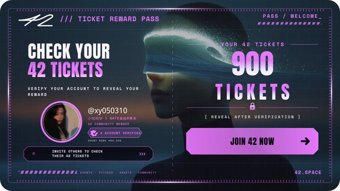 A futuristic cyber-themed interface displays a "Ticket Reward Pass" from 42 Space, showing user "@xy050310" has 900 tickets locked behind account verification, with a prominent "Join 42 Now" button inviting new sign-ups to participate in the ecosystem's reward system.