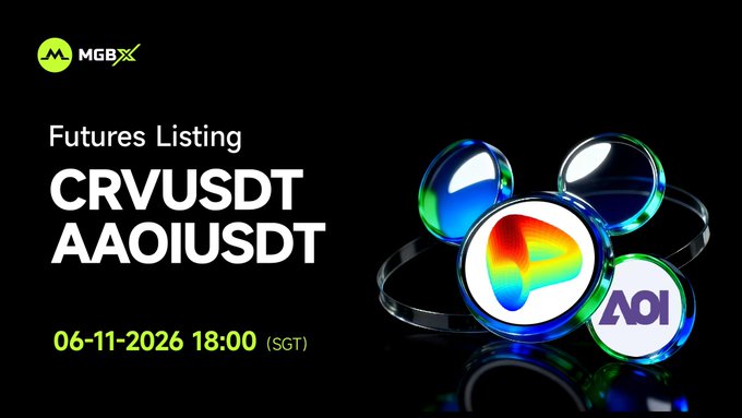 The image features a poster for an event related to Futures Trading, specifically discussing CrvusDT and AAOIUSDT. The poster displays four different colored balls, each representing a currency symbol - blue, green, red, and purple. These symbols are used to represent CrvusDT and AAOIUSDT respectively. The poster also includes the text "Futures Listing CrvusDT and AAOIUSDT Perpetual Futures! Trading Opens: June 11, 2026, 18:00 (SGT) More Details: support.mgbx.com/hc/en-gb/artic ... #MGBX". The focus of the image is on the symbols representing CrvusDT and AAOIUSDT, with a clear visual representation of these currencies in use for trading purposes.