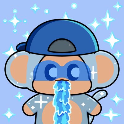 iced monkey with blue cap and glasses, blowing water from mouth against a starry sky backdrop.