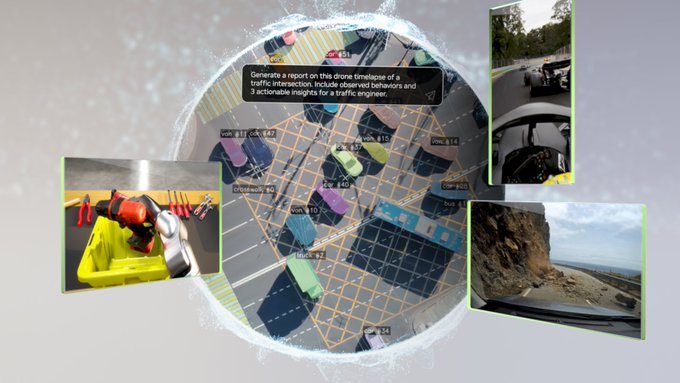 A collage showcasing AI-generated traffic scene analysis with overlapping screenshots: a top-down intersection view with detected vehicles (cars, vans, bus), a red traffic cone detection, a mountain road dashboard view, and a prompt requesting 'a report on the dome timelapse of a traffic intersection... for a traffic engineer'.