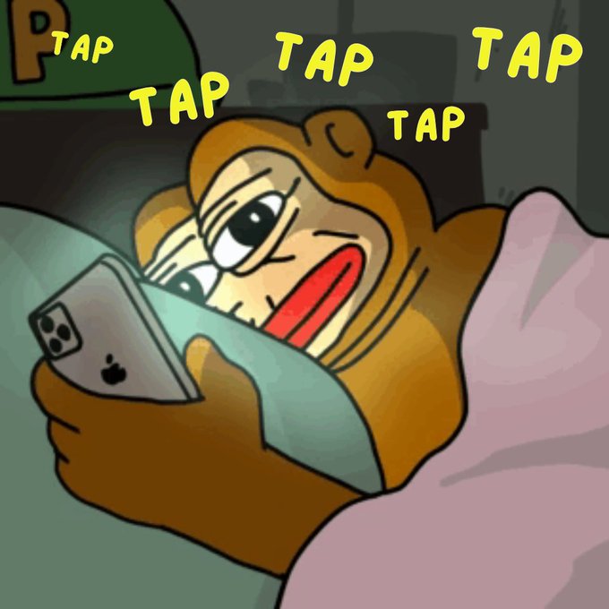 A meme featuring a cartoon monkey in bed obsessively tapping on an iPhone, with the repeated text "TAP TAP TAP TAP TAP" surrounding it, humorously illustrating the "tap trading" concept promoted by tapnes.com, where user @0999jk reportedly won a $6.2 meme race.