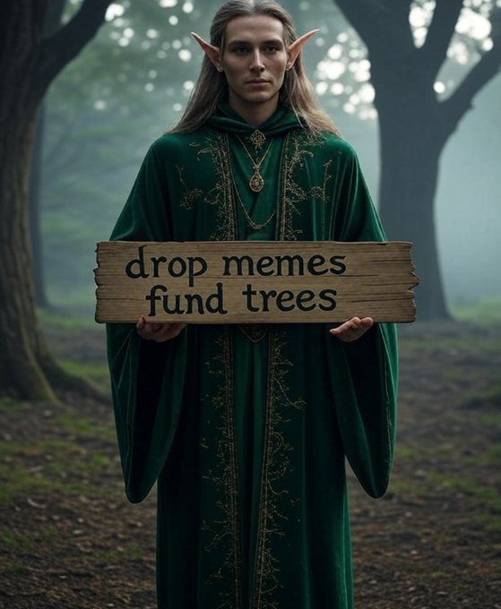 A fantasy illustration of an elf in green robes holding a wooden sign that reads 'drop memes fund trees' in a misty forest.
