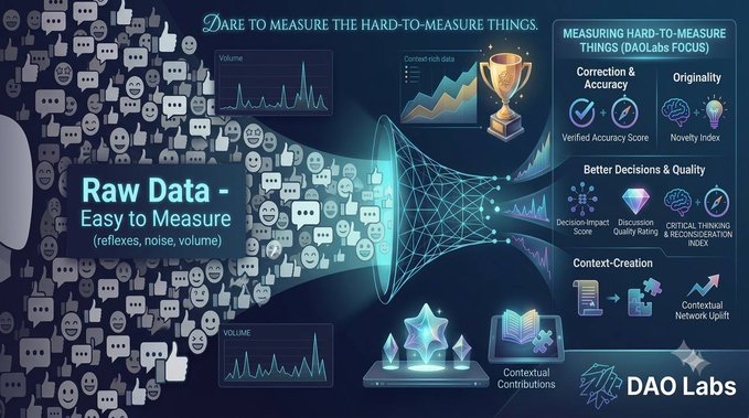 An infographic by DAO Labs titled 'DARE TO MEASURE THE HARD-TO-MEASURE THINGS', contrasting 'Raw Data' with a funnel representing 'Measuring Hard-to-Measure Things' using metrics like Correction & Accuracy and Novelty Index.