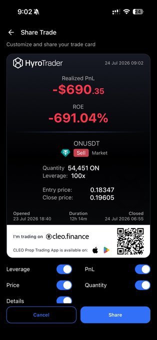 A "Share Trade" card from HyroTrader shows a realized loss of -$690.35 (-691.04% ROE) on a 100x leveraged Sell position of 54,451 ON (ONUSDT), opened at 0.18347 and closed at 0.19605 after 12h 14m. This reflects the "$ON Hits SL" portion of the post, illustrating the stopped-out trade that contrasts with the massive profits mentioned on $ALLO.