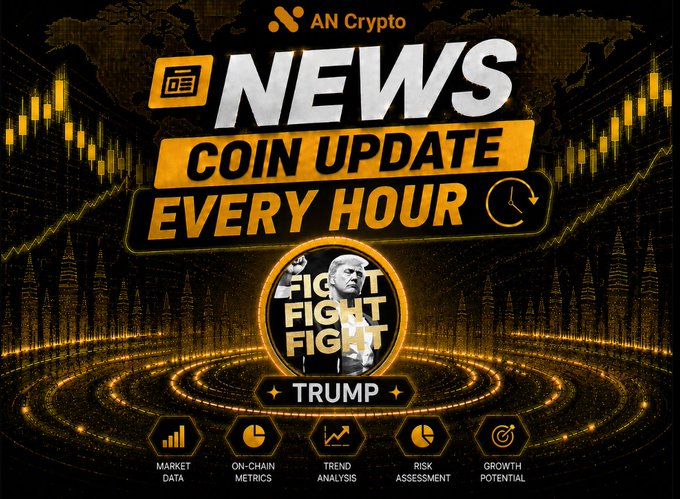 A crypto news graphic from AN Crypto featuring the headline 'NEWS COIN UPDATE EVERY HOUR' with a 'FIGHT FIGHT FIGHT' image of Trump, alongside icons for Market Data, On-Chain Metrics, Trend Analysis, Risk Assessment, and Growth Potential.