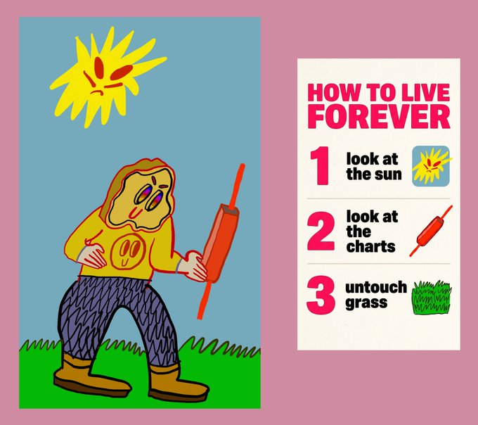 The image depicts a cartoon character holding a red object, possibly an extension cord or antenna. The cartoon person appears confused or puzzled while examining this item against a pink background. Above the character, there's text that reads "How to live Forever". Below this, there are three charts displaying various objects related to living in different states of living. Additionally, there is a graphic below showing a woman with one foot lifted up on the ground and her hair styled as a bun or pigtail.