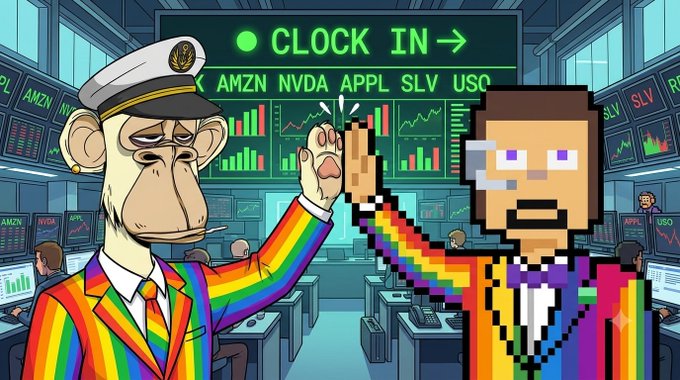 A cartoon illustration shows a sad monkey captain and a colorful Minecraft-style character high-fiving in a stock trading room displaying 'CLOCK IN' with tickers AMZN, NVDA, APPL, SLV, USO.