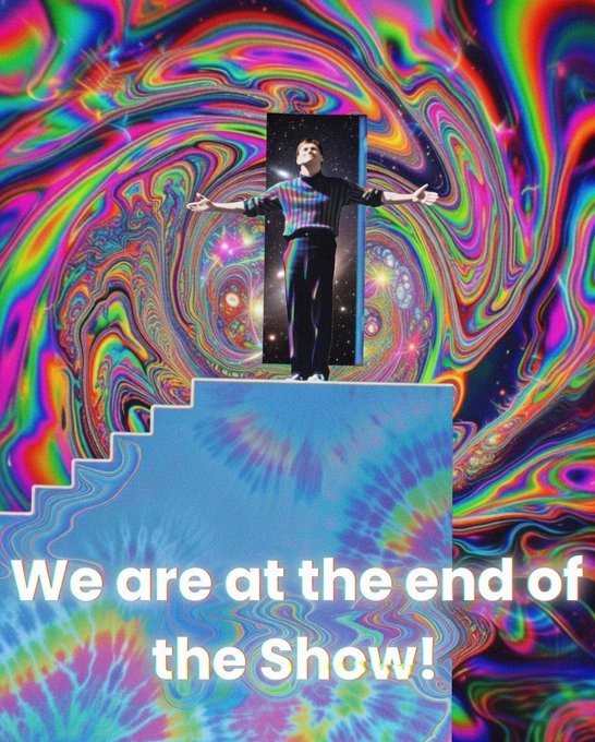 A person with outstretched arms stands triumphantly atop a staircase against a vibrant, psychedelic background, with the text "We are at the end of the Show!" displayed below. The triumphant pose visually echoes the post's message about $pDAI reaching a decisive "checkmate" toward $1, symbolizing victory and an inevitable conclusion.