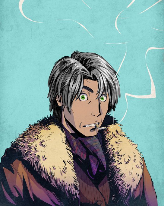 An anime-style illustration of a young man with gray-brown hair and green eyes, wearing a purple suit with a fur-collared coat and a cigarette in his mouth, against a teal background.