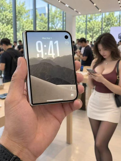 A first-person view shows a hand holding a smartphone in what appears to be an Apple Store, with the lock screen displaying '9:41', 'Wed Apr 1', and a desert dune wallpaper, while a woman in a burgundy top and white skirt looks at her phone in the background.