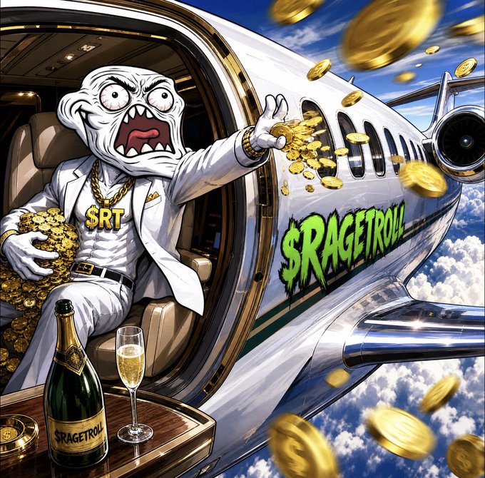 An illustration of an angry cartoon troll in a white suit with a gold '$RT' chain, sitting inside a private jet labeled '$RAGETROLL' while tossing gold coins into the air.